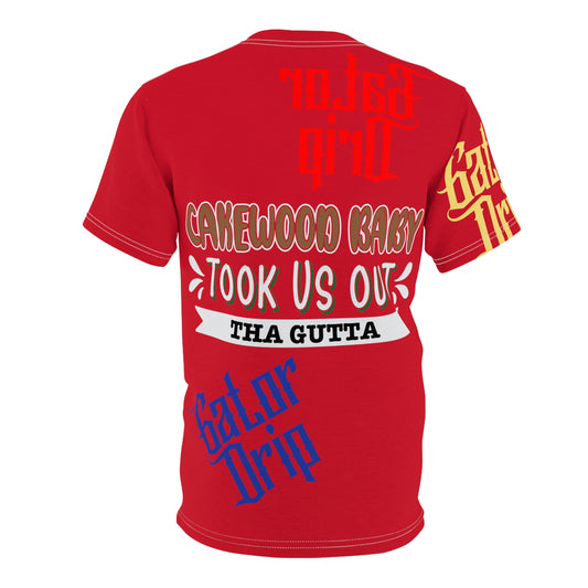 Dark Red Gator Drip Exclusive Supa-Heavy Excess-Stunna Flex Alligator Playuz Limited Edition OG Multi-Logo Rich Daddy “Cakewood Baby Took Us Out Tha Gutta" Unisex Cut & Sew Playuz Tee