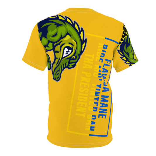 Yellow Flawdawear Limited Edition OG Flawda Mane “Flawda Mane Ride Mo’ Tinted Dan Tha President” Unisex Cut & Sew Playuz Tee