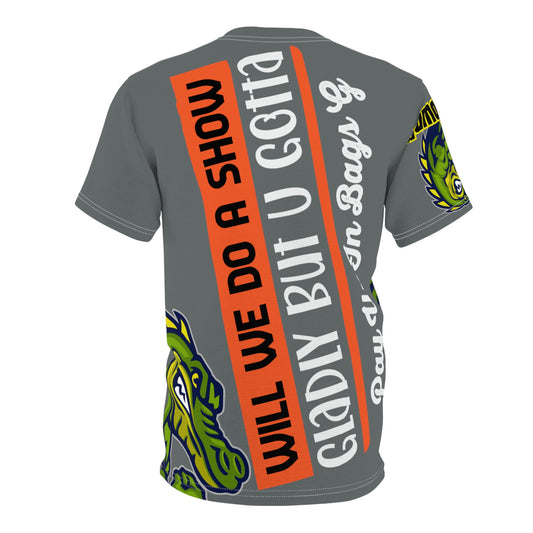 Dark Grey Flawdawear Limited Edition OG Rich Daddy “Will We Do A Show Gladly But U Gotta Pay Us In Bags G” Unisex Cut & Sew Playuz Tee