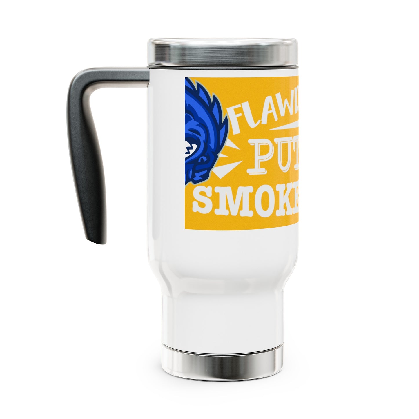 White/Yellow Flawdawear Limited Edition OG Alligator Playuz “Flawda Mane Put Dat Smoke On You” Stainless Steel Travel Mug with Handle, 14oz