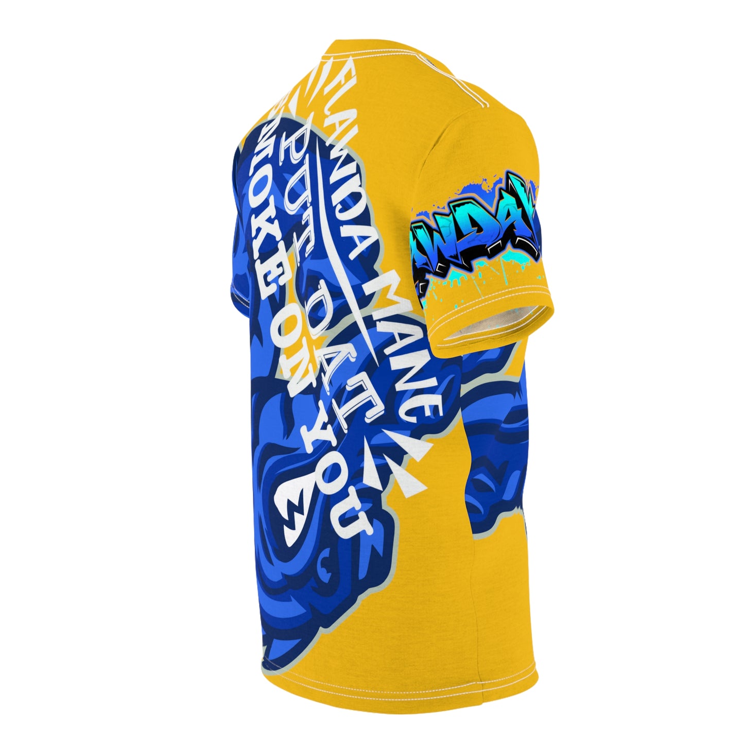 Yellow/Blue Flawdawear Limited Edition OG Alligator Playuz “Flawda Mane Put Dat Smoke On You” Unisex Cut & Sew Playuz Tee