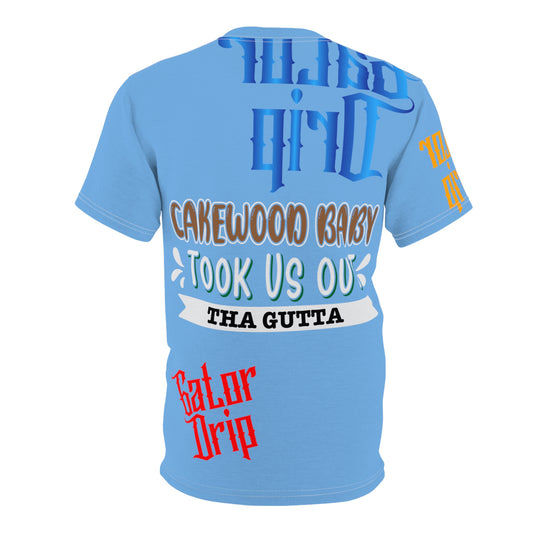 Light Blue Gator Drip Exclusive Supa-Heavy Excess-Stunna Flex Alligator Playuz Limited Edition OG Multi-Logo Rich Daddy “Cakewood Baby Took Us Out Tha Gutta" Unisex Cut & Sew Playuz Tee