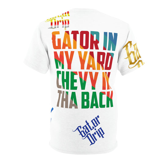 White Gator Drip Exclusive Supa-Heavy Excess-Stunna Flex Alligator Playuz Limited Edition OG Multi-Logo Flawda Mane “Gator In My Yard Chevy In Tha Back" Unisex Cut & Sew Playuz Tee