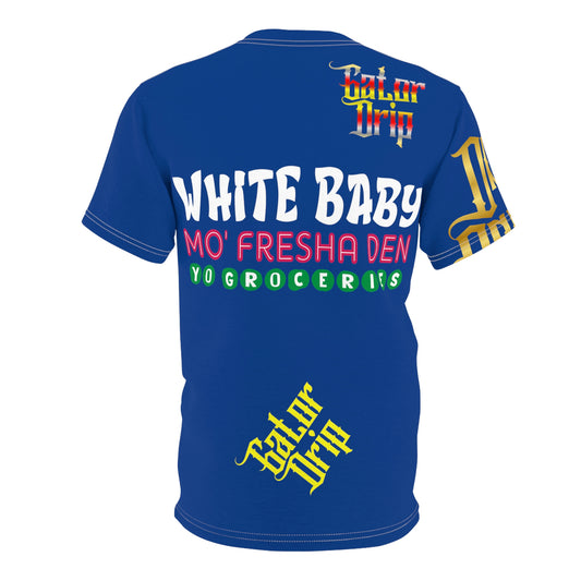Dark Blue Gator Drip Exclusive Supa-Heavy Excess-Stunna Flex Alligator Playuz Limited Edition OG Multi-Logo Rich Daddy “White Baby Mo’ Fresha Den Yo Groceries" Unisex Cut & Sew Playuz Tee