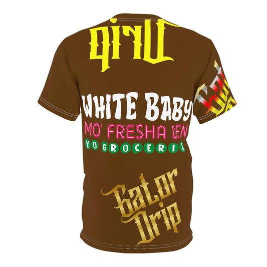 Brown Gator Drip Exclusive Supa-Heavy Excess-Stunna Flex Alligator Playuz Limited Edition OG Multi-Logo Rich Daddy “White Baby Mo’ Fresha Den Yo Groceries" Unisex Cut & Sew Playuz Tee