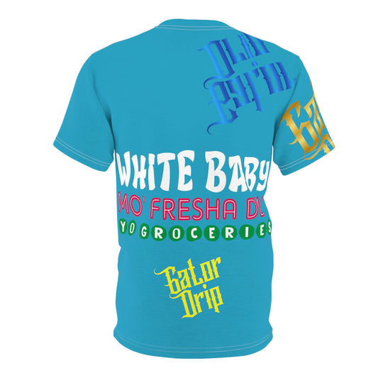 Turquoise Gator Drip Exclusive Supa-Heavy Excess-Stunna Flex Alligator Playuz Limited Edition OG Multi-Logo Rich Daddy “White Baby Mo’ Fresha Den Yo Groceries" Unisex Cut & Sew Playuz Tee