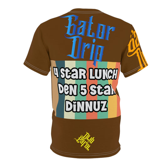 Brown Gator Drip Exclusive Supa-Heavy Excess-Stunna Flex Alligator Playuz Limited Edition OG Multi-Logo Rich Daddy “4 Star Lunch Den 5 Star Dinnuz" Unisex Cut & Sew Playuz Tee