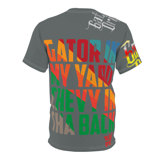 Dark Grey Drip Exclusive Supa-Heavy Excess-Stunna Flex Alligator Playuz Limited Edition OG Multi-Logo Flawda Mane “Gator In My Yard Chevy In Tha Back" Unisex Cut & Sew Playuz Tee