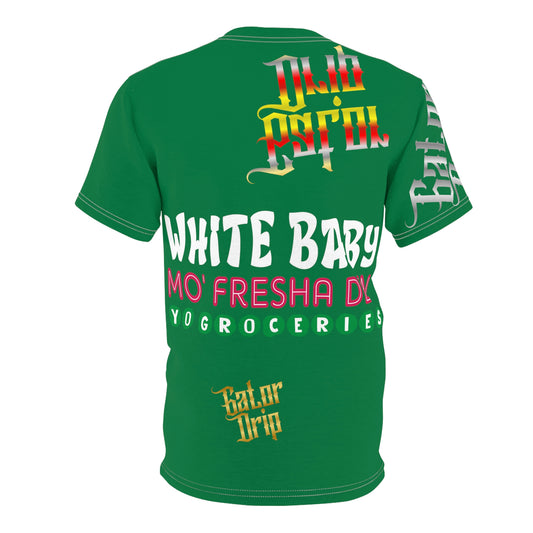 Dark Green Gator Drip Exclusive Supa-Heavy Excess-Stunna Flex Alligator Playuz Limited Edition OG Multi-Logo Rich Daddy “White Baby Mo’ Fresha Den Yo Groceries" Unisex Cut & Sew Playuz Tee